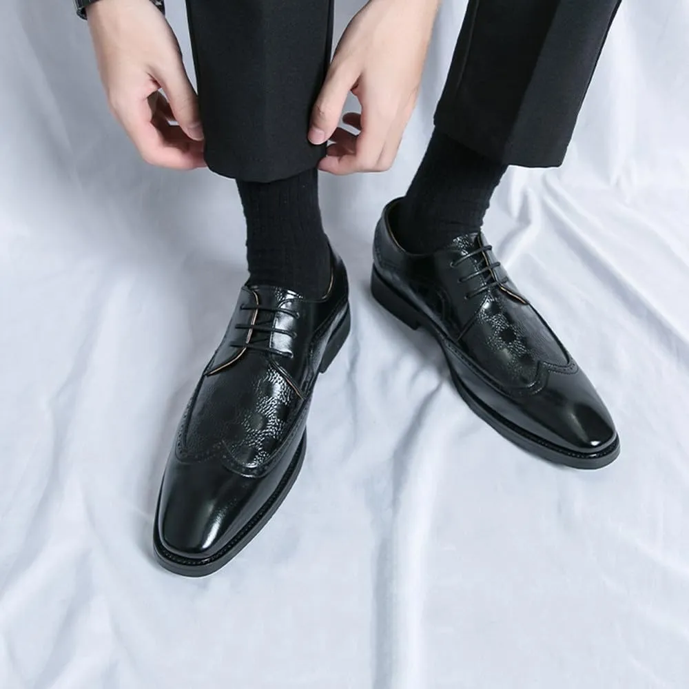 Santimon Men's Classic Leather Wingtip Dress Shoes with Checkered Details Lace-Up Brogues Oxfords for Business, Weddings & Formal Events