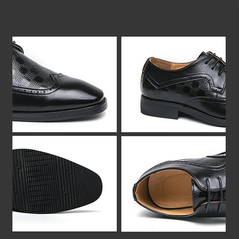 Santimon Men's Classic Leather Wingtip Dress Shoes with Checkered Details Lace-Up Brogues Oxfords for Business, Weddings & Formal Events