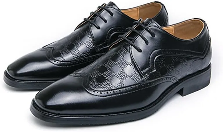 Santimon Men's Classic Leather Wingtip Dress Shoes with Checkered Details Lace-Up Brogues Oxfords for Business, Weddings & Formal Events