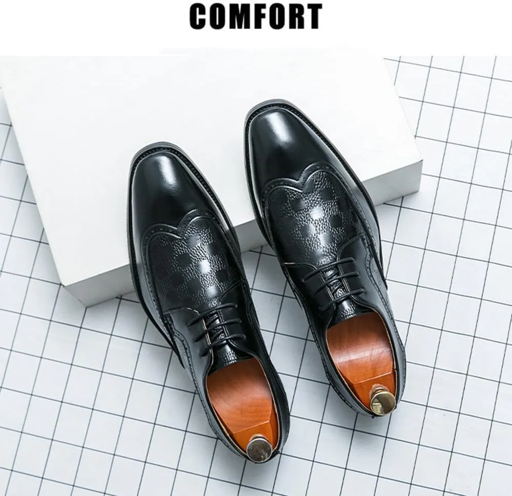 Santimon Men's Classic Leather Wingtip Dress Shoes with Checkered Details Lace-Up Brogues Oxfords for Business, Weddings & Formal Events