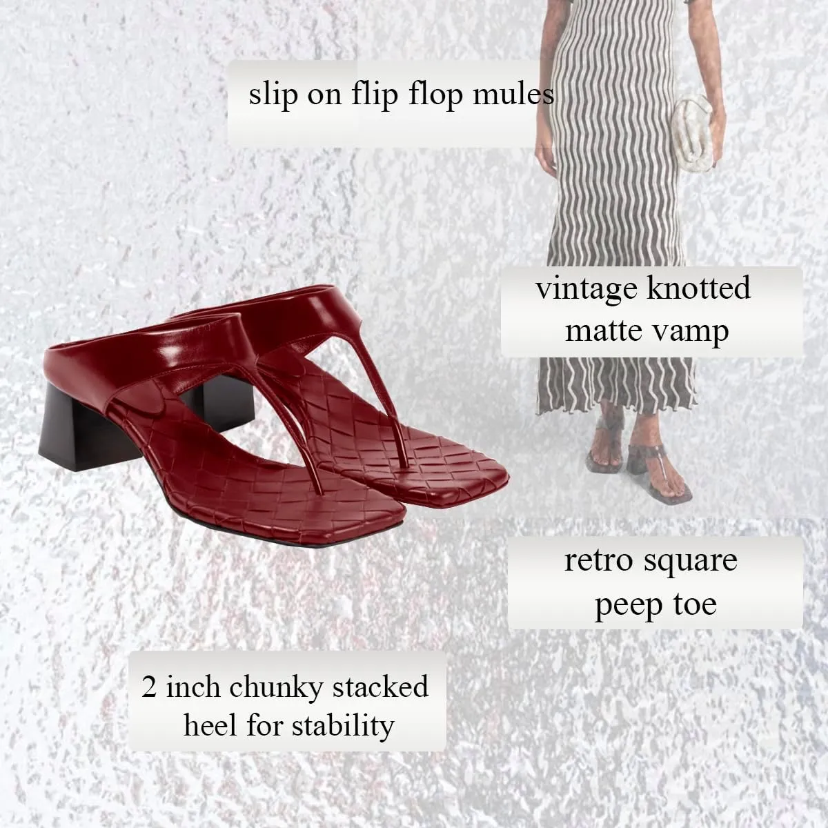 SHODENSE Women Fashion Chunky Block Heel Flip-Flop Mules Square Open Peep Toe Thong Sandals Mid Heeled Braided Metallic Slide Mule Clogs T-Strap Backless Summer Slippers Vintage Office Work 4-11 M US