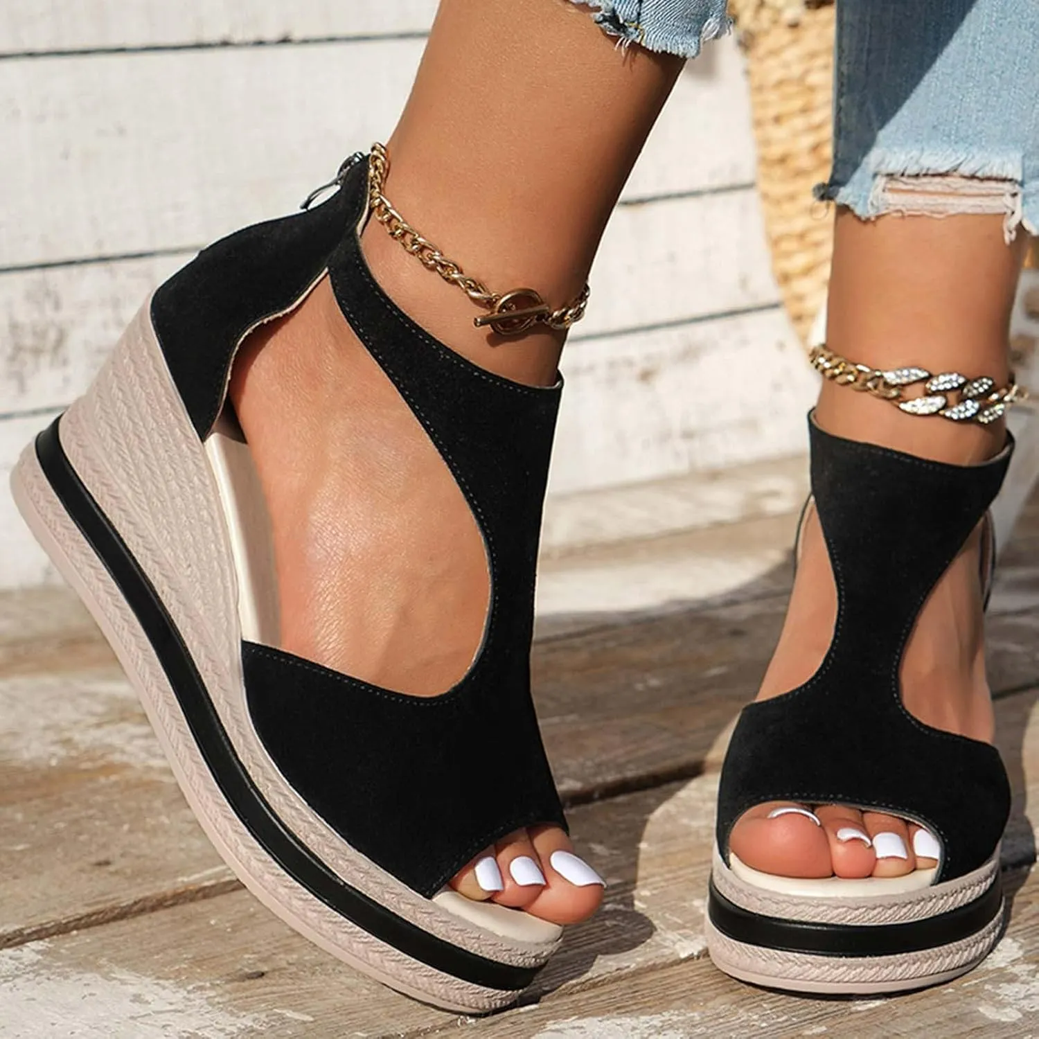 Summer Sandals For Women 2025,Women's Orthopedic High Heels Wedge Platform Wedges Womens Dress Sexy Open Toe Back Zipper Fish Mouth Shoes Closure Casual Suede Leather Beach Boho Sandal