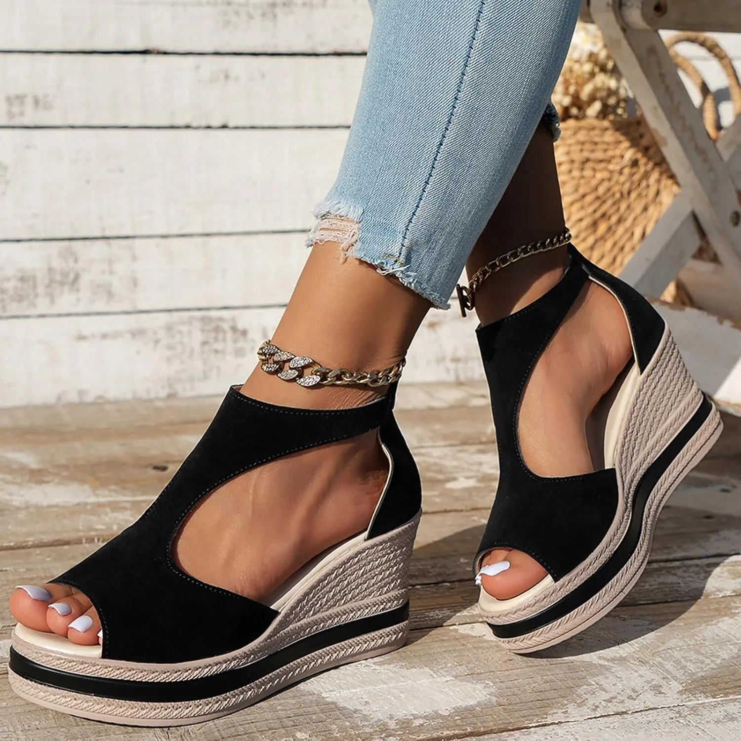 Summer Sandals For Women 2025,Women's Orthopedic High Heels Wedge Platform Wedges Womens Dress Sexy Open Toe Back Zipper Fish Mouth Shoes Closure Casual Suede Leather Beach Boho Sandal