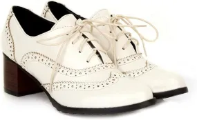 VOKLIN Women's Chunky Block Mid Heels Oxford Pumps Wingtip Perforated Lace Up Vintage Brogues Dress Shoes
