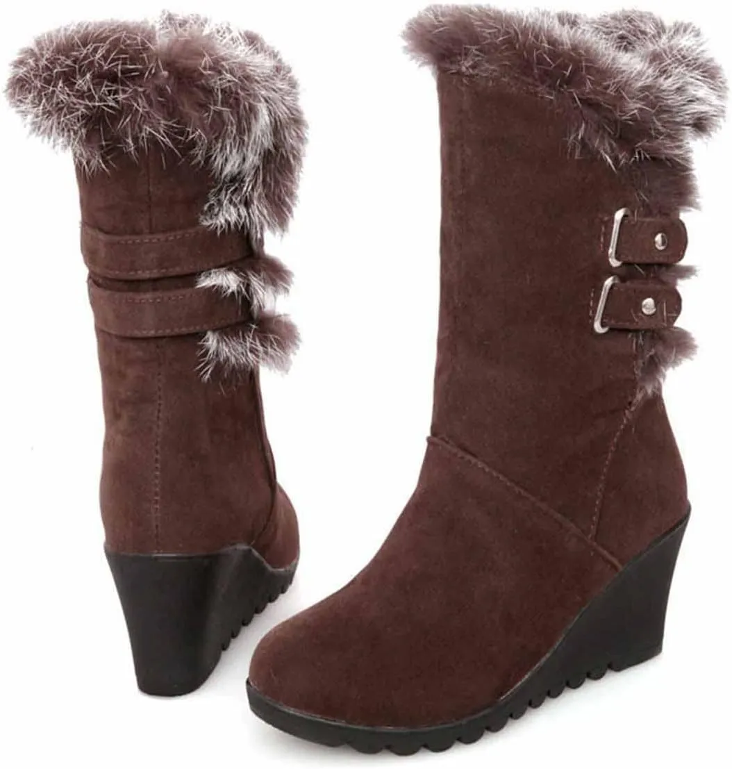 White Cowgirl Boots Comfortable Velvet Wedge Boots Round Toe Suede Lug Sole Thigh High Boots Mid-Calf Boots