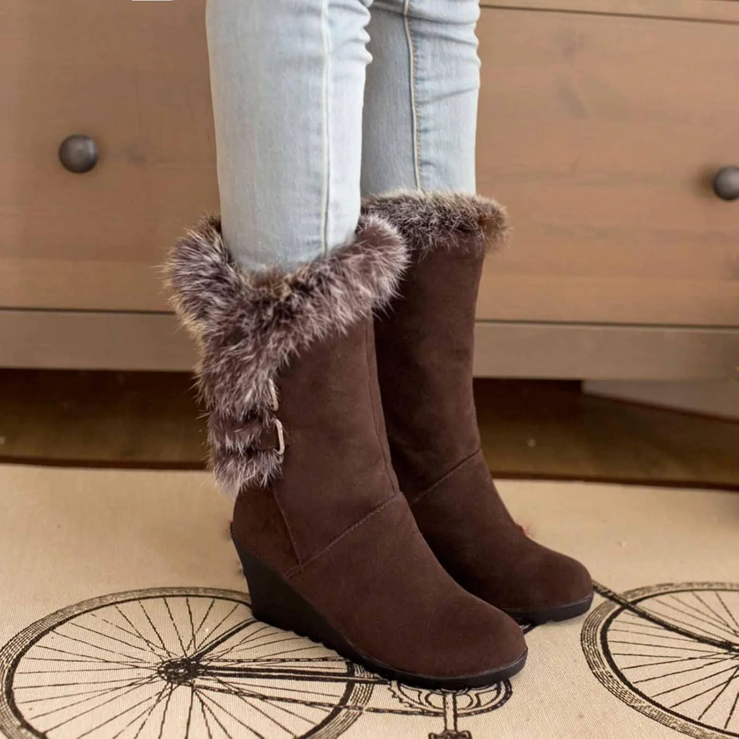 White Cowgirl Boots Comfortable Velvet Wedge Boots Round Toe Suede Lug Sole Thigh High Boots Mid-Calf Boots