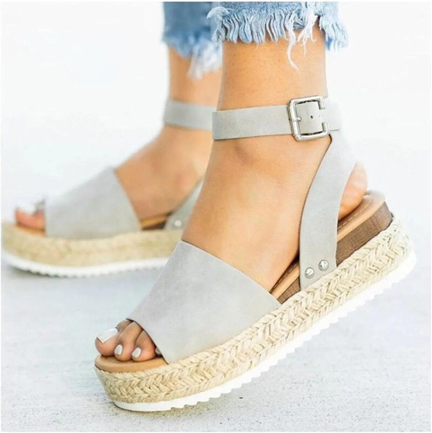 Womens Open Toe Buckle Ankle Strap Espadrilles Flatform Wedge Casual Sandal Wedge Sandal Ankle Buckle Beach Open Toe Wide Widge Sanddals Orthopedic Width
