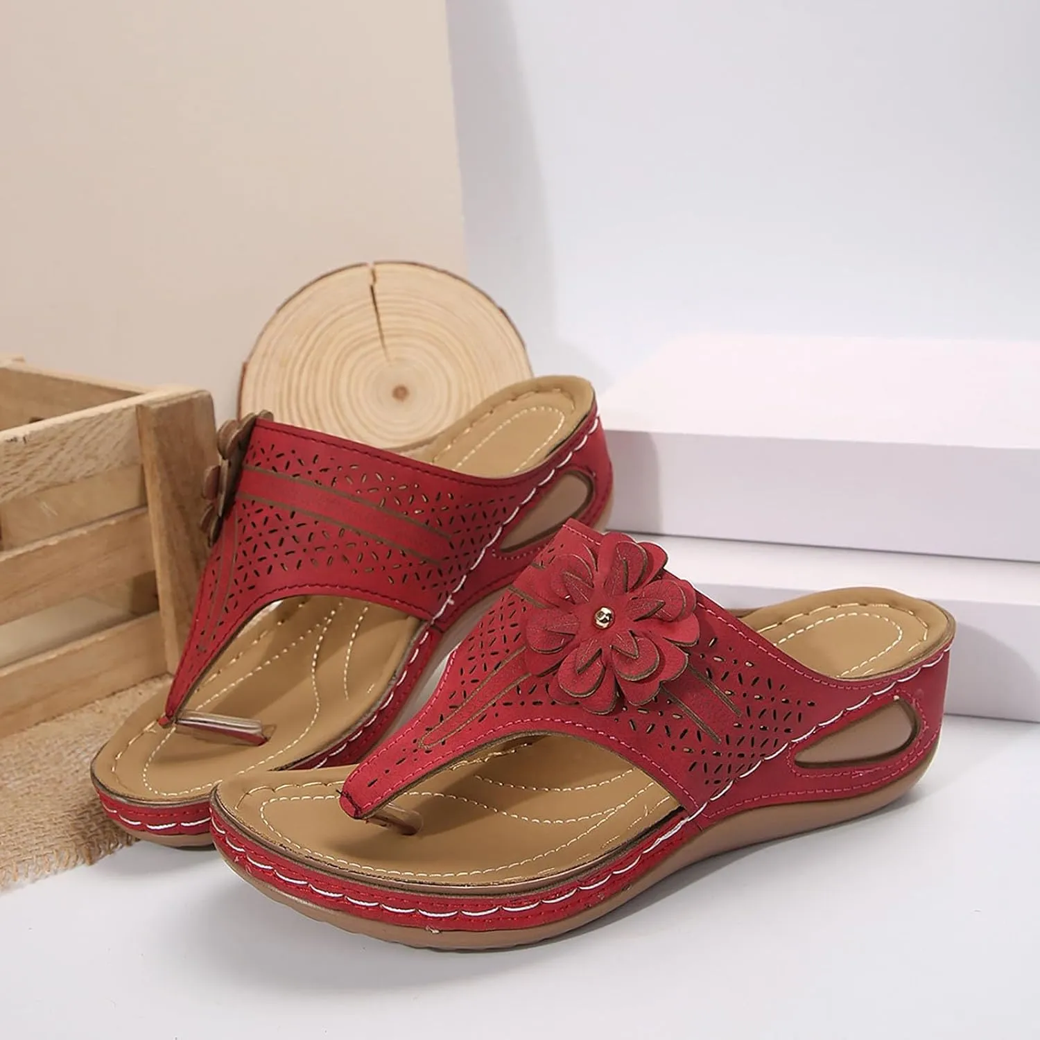 Womens Sandals Dressy Bohemian Leather Wedge Slippers For Woman Arch Support Flip Flops Women Orthopedic Slides