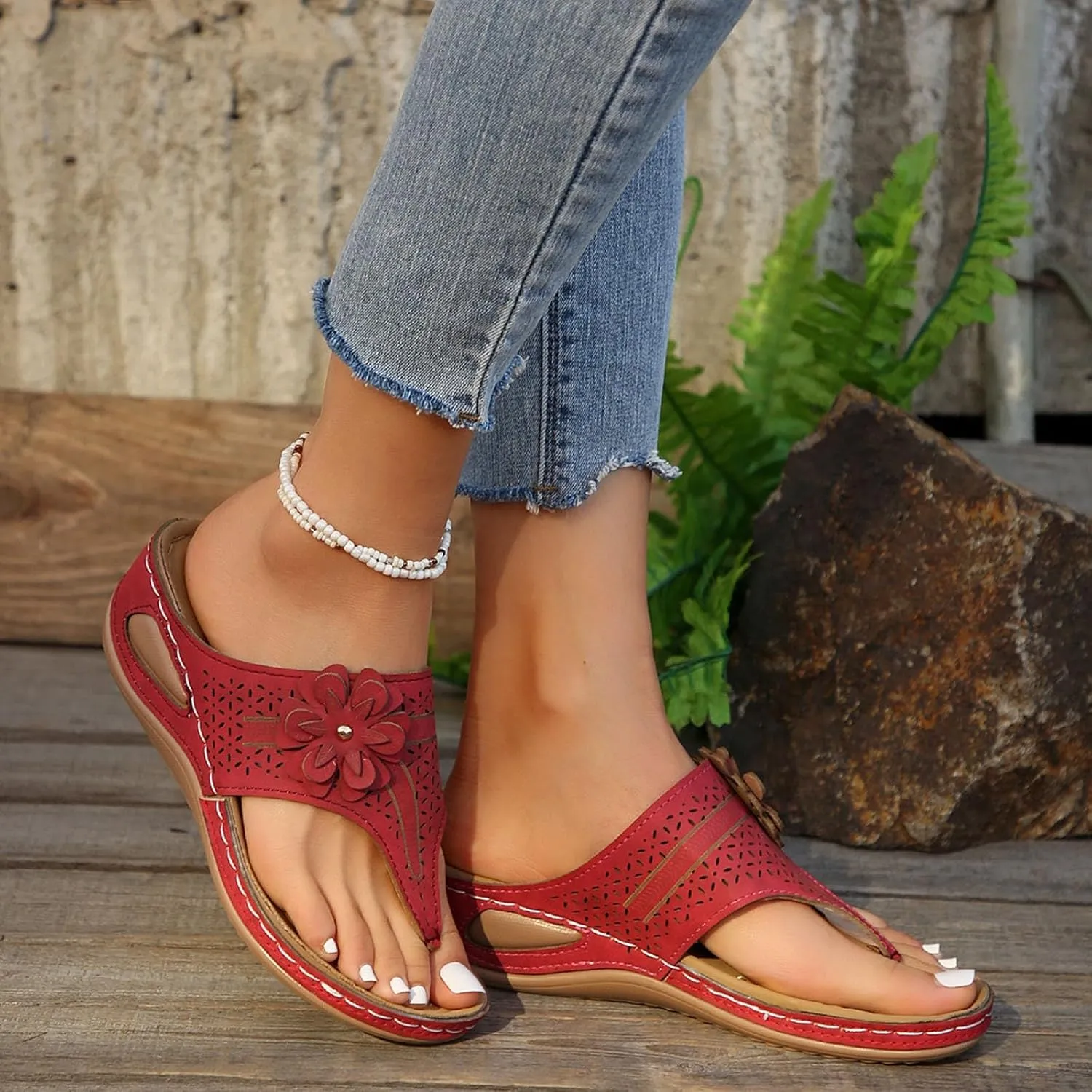 Womens Sandals Dressy Bohemian Leather Wedge Slippers For Woman Arch Support Flip Flops Women Orthopedic Slides