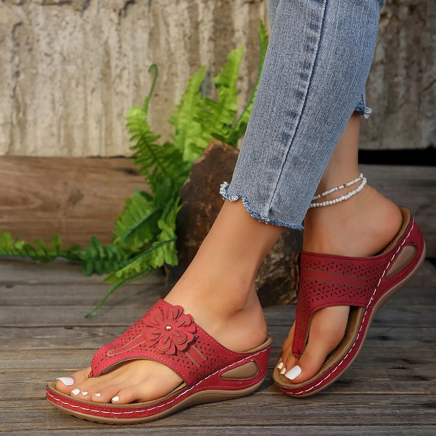 Womens Sandals Dressy Bohemian Leather Wedge Slippers For Woman Arch Support Flip Flops Women Orthopedic Slides