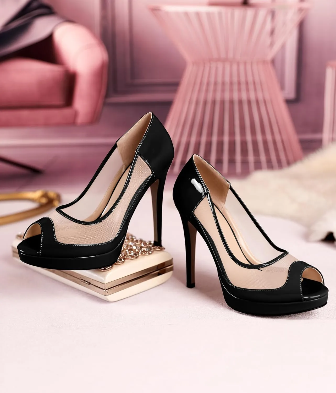 YODEKS Womens Peep Toe High Heel Platform Stiletto Pumps Slip On Mesh Heels 5 Inch Party Evening Dress Shoes