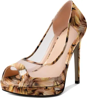 YODEKS Womens Peep Toe High Heel Platform Stiletto Pumps Slip On Mesh Heels 5 Inch Party Evening Dress Shoes