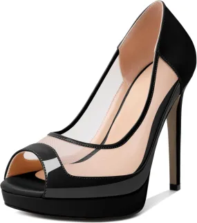YODEKS Womens Peep Toe High Heel Platform Stiletto Pumps Slip On Mesh Heels 5 Inch Party Evening Dress Shoes
